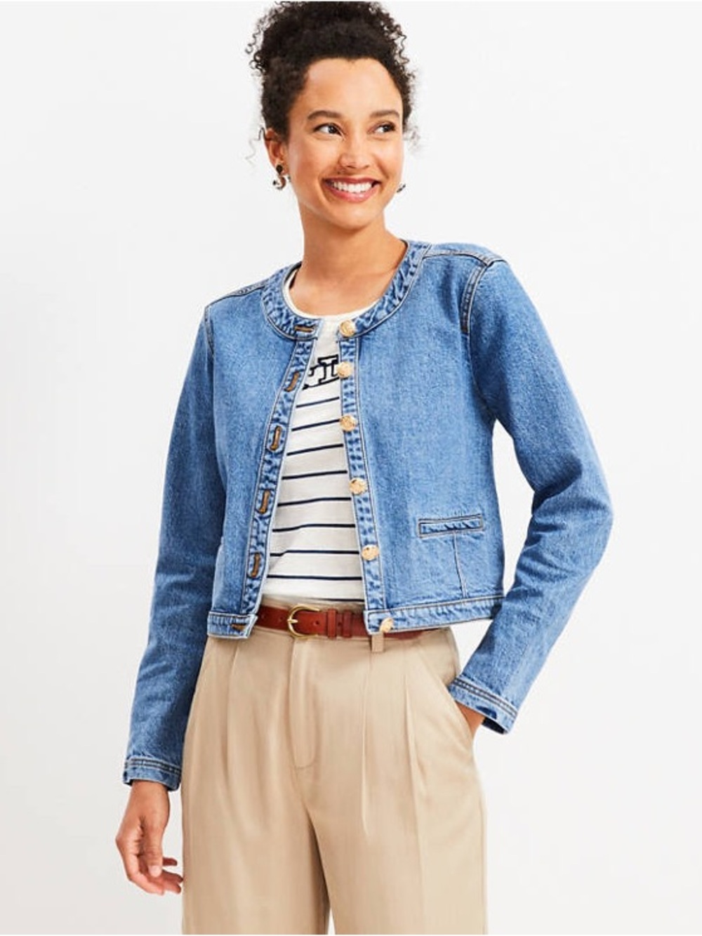 LOFT Collarless Denim Jacket In Bright Medium Stone Wash